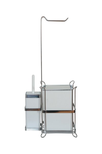 Mabello Krom Ayaklı Tuvalet Kağıtlığı + Kare Beyaz Çöp Kovası ve Klozet Fırçası