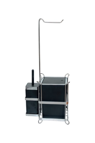 Mabello Krom Ayaklı Tuvalet Kağıtlığı + Kare Siyah Çöp Kovası ve Klozet Fırçası