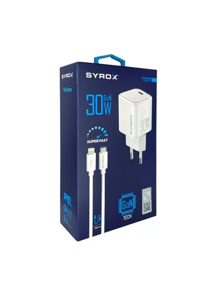 Syrox GAN30L Type-C Giriş Başlık ve Type-C To Lightning Kablo 30w Quick Şarj Aleti Seti