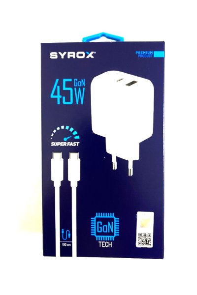 Syrox GAN45T Type-C & USB Giriş Başlık ve Type-C Kablo 45w Quick Şarj Aleti Set