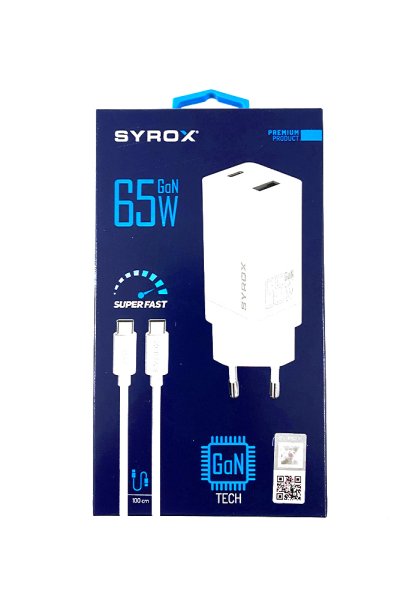 Syrox GAN65T Type-C & USB Giriş Başlık ve Type-C Kablo 65w Hızlı Şarj Aleti Seti 