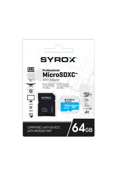 Syrox Hafıza Kartı 64 GB Micro SDHC + Adaptörlü - SYX MC64